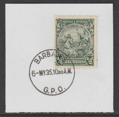 Barbados 1925 KG5 Britannia 1/2d green on piece with full strike of Madame Joseph forged postmark type 46