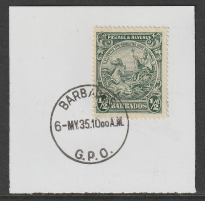 Barbados 1925 KG5 Britannia 1/2d green on piece with full strike of Madame Joseph forged postmark type 46