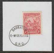 Barbados 1925 KG5 Britannia 1d scarlet on piece with full strike of Madame Joseph forged postmark type 46