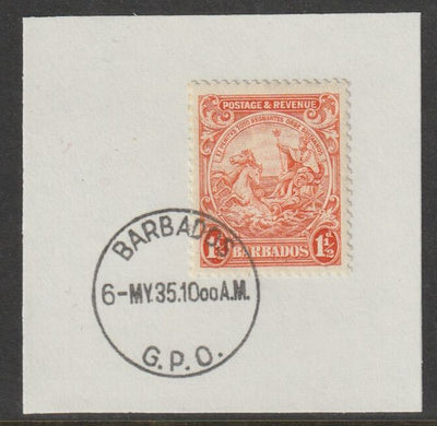 Barbados 1925 KG5 Britannia 1.5d orange on piece with full strike of Madame Joseph forged postmark type 46