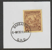 Barbados 1925 KG5 Britannia 3d purple on yellow on piece with full strike of Madame Joseph forged postmark type 46