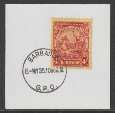 Barbados 1925 KG5 Britannia 4d red on yellow on piece with full strike of Madame Joseph forged postmark type 46