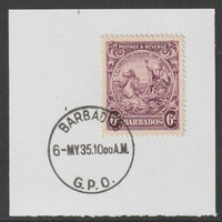 Barbados 1925 KG5 Britannia 6d purple on piece with full strike of Madame Joseph forged postmark type 46