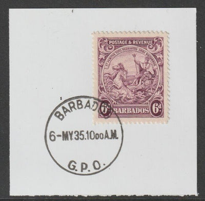 Barbados 1925 KG5 Britannia 6d purple on piece with full strike of Madame Joseph forged postmark type 46
