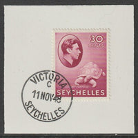 Seychelles 1938 KG6 30c carmine on piece cancelled with full strike of Madame Joseph forged postmark type 389