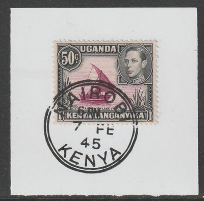 Kenya, Uganda & Tanganyika 1938 KG6 50c,purple & black on piece cancelled with full strike of Madame Joseph forged postmark type 226