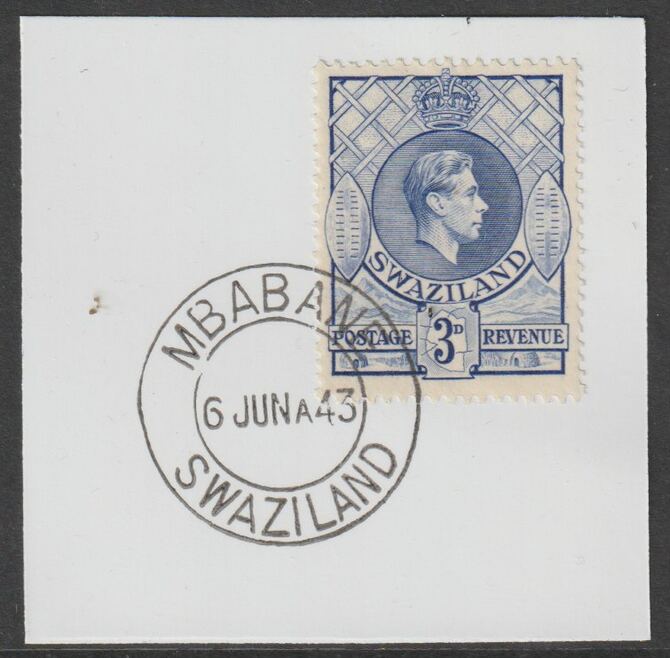 Swaziland 1938 KG6 Definitive 3d on piece with full strike of Madame Joseph forged postmark type 411