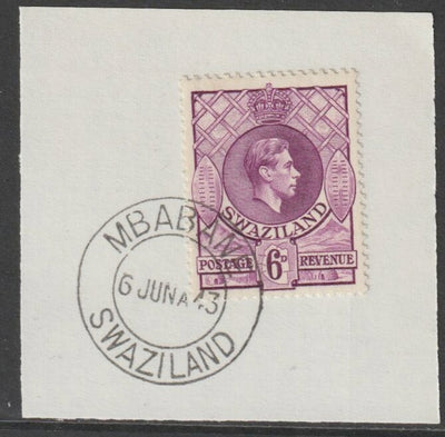 Swaziland 1938 KG6 Definitive 6d on piece with full strike of Madame Joseph forged postmark type 411