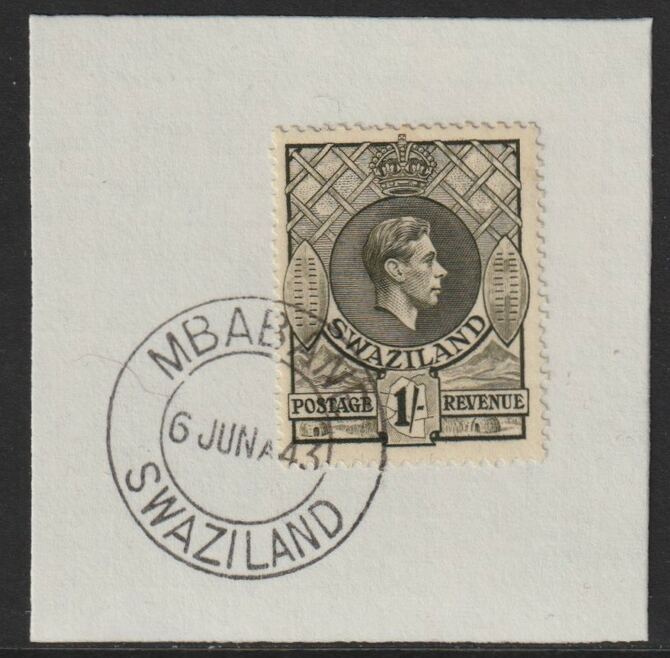 Swaziland 1938 KG6 Definitive 1s on piece with full strike of Madame Joseph forged postmark type 411