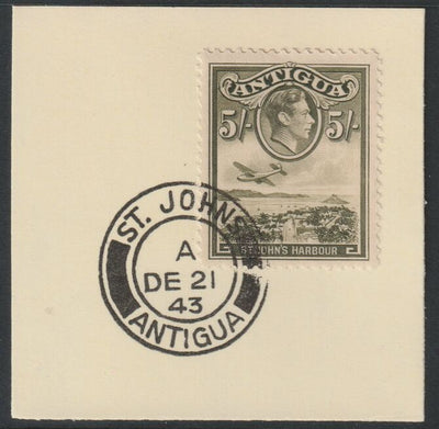 Antigua 1938 KG6 5s olive-green on piece with full strike of Madame Joseph forged postmark type 18