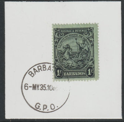 Barbados 1925 KG5 Britannia 1s black on green on piece with full strike of Madame Joseph forged postmark type 46