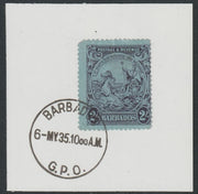 Barbados 1925 KG5 Britannia 2s purple on blue on piece with full strike of Madame Joseph forged postmark type 46