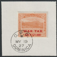 Dominica 1919 War Tax 1.5d on 2.5d orange with red opt (SG59) on piece with full strike of Madame Joseph forged postmark type 139