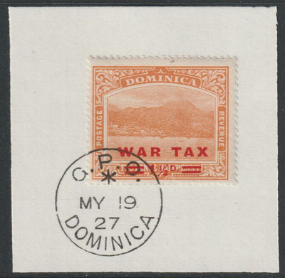 Dominica 1919 War Tax 1.5d on 2.5d orange with red opt (SG59) on piece with full strike of Madame Joseph forged postmark type 139