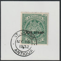 Antigua 1916 War Tax 1/2d green (black overprint) on piece with full strike of Madame Joseph forged postmark type 14