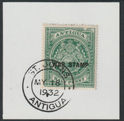 Antigua 1916 War Tax 1/2d green (black overprint) on piece with full strike of Madame Joseph forged postmark type 14