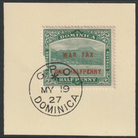 Dominica 1916 War Tax 1/2dd on 1/2d green with red opt (SG 55) on piece with full strike of Madame Joseph forged postmark type 139