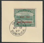 Dominica 1916 War Tax 1/2dd on 1/2d green with red opt (SG 55) on piece with full strike of Madame Joseph forged postmark type 139