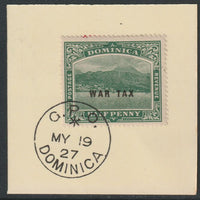 Dominica 1918 War Tax 1/2d green with small black opt (SG 56) on piece with full strike of Madame Joseph forged postmark type 139