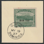 Dominica 1918 War Tax 1/2d green with small black opt (SG 56) on piece with full strike of Madame Joseph forged postmark type 139