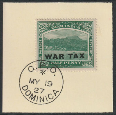 Dominica 1918 War Tax 1/2d green with large black opt (SG 57) on piece with full strike of Madame Joseph forged postmark type 139