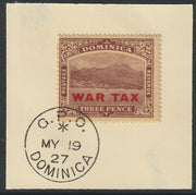 Dominica 1918 War Tax 3d purple on yellow with large black opt (SG 58) on piece with full strike of Madame Joseph forged postmark type 139