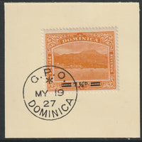 Dominica 1919 1/2d on 2.5d orange with black opt (SG60) on piece with full strike of Madame Joseph forged postmark type 139