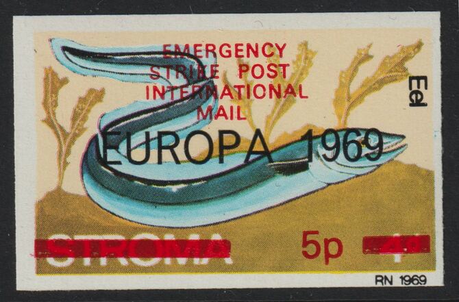 Stroma 1971 Strike Mail - Fish - Eel imperf 5p on 4d overprinted Europa 1969 additionally opt'd  Emergency Strike Post International Mail unmounted mint