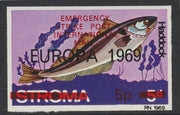 Stroma 1971 Strike Mail - Fish - Haddock imperf 5p on 5d overprinted Europa 1969 additionally opt'd  Emergency Strike Post International Mail unmounted mint but slight set-off on gummed side