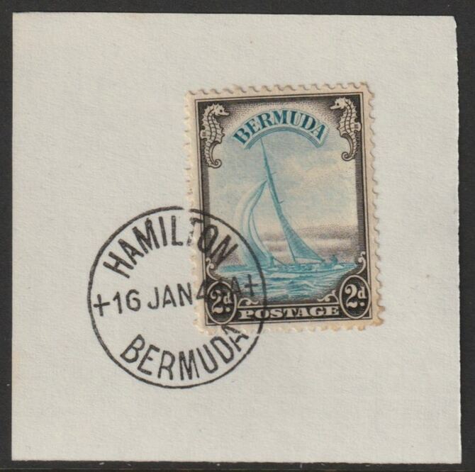 Bermuda 1938 KG6 2d light blue & sepiat on piece cancelled with full strike of Madame Joseph forged postmark type 64