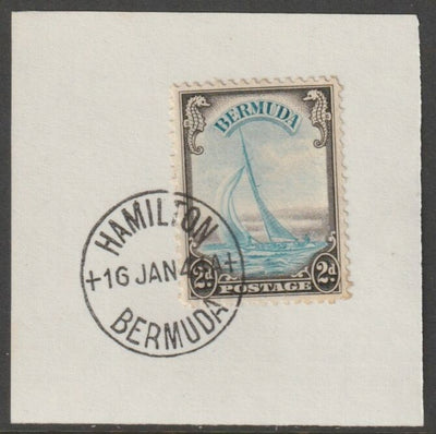 Bermuda 1938 KG6 2d light blue & sepiat on piece cancelled with full strike of Madame Joseph forged postmark type 64