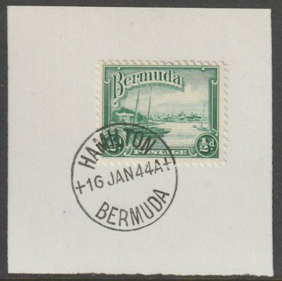 Bermuda 1936 KG5 Pictorial 1/2d bright green on piece cancelled with full strike of Madame Joseph forged postmark type 64