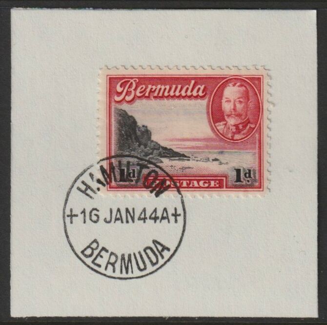 Bermuda 1936 KG5 Pictorial 1d black & scarlet on piece cancelled with full strike of Madame Joseph forged postmark type 64