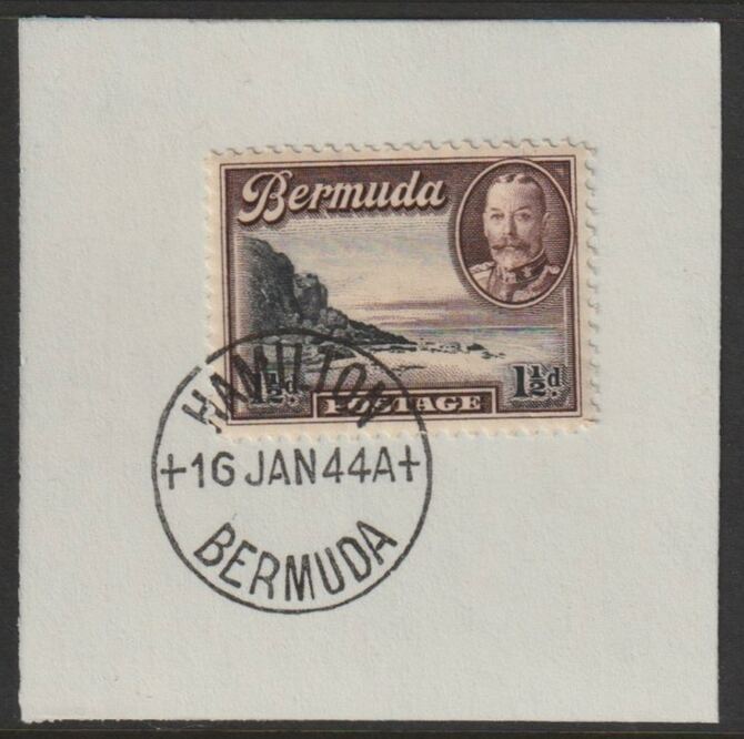 Bermuda 1936 KG5 Pictorial 1.5d black & chocolate on piece cancelled with full strike of Madame Joseph forged postmark type 64