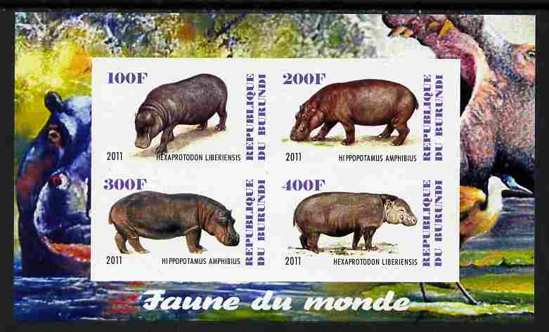 Burundi 2011 Fauna of the World - Hippos imperf sheetlet containing 4 values unmounted mint