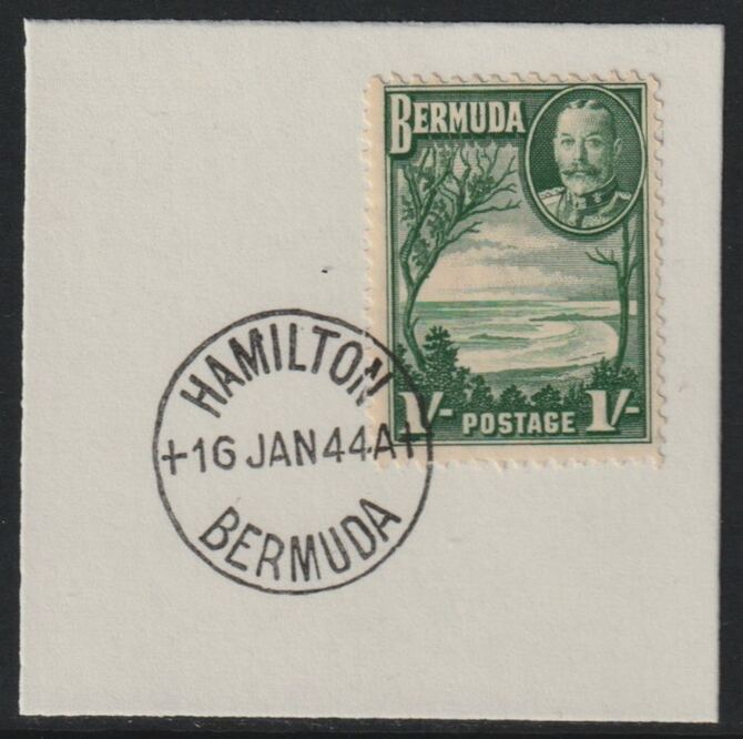 Bermuda 1936 KG5 Pictorial 1s green on piece cancelled with full strike of Madame Joseph forged postmark type 64