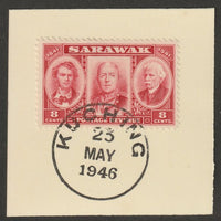 Sarawak 1946 Centenary 8c lake on piece cancelled with full strike of Madame Joseph forged postmark type 378
