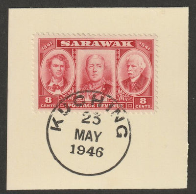 Sarawak 1946 Centenary 8c lake on piece cancelled with full strike of Madame Joseph forged postmark type 378