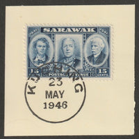 Sarawak 1946 Centenary 15c blue on piece cancelled with full strike of Madame Joseph forged postmark type 378