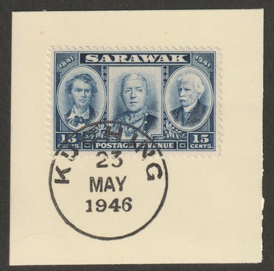 Sarawak 1946 Centenary 15c blue on piece cancelled with full strike of Madame Joseph forged postmark type 378