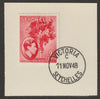 Seychelles 1938 KG6 9c scarlet on piece cancelled with full strike of Madame Joseph forged postmark type 389
