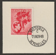 Seychelles 1938 KG6 9c scarlet on piece cancelled with full strike of Madame Joseph forged postmark type 389
