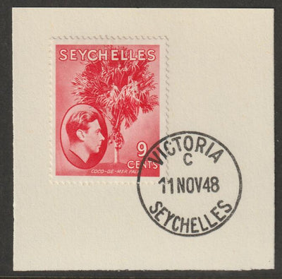 Seychelles 1938 KG6 9c scarlet on piece cancelled with full strike of Madame Joseph forged postmark type 389