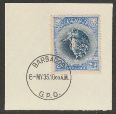 Barbados 1920-21 KG5 Victory 2.5d on piece with full strike of Madame Joseph forged postmark type 46