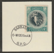 Barbados 1920-21 KG5 Victory 4d on piece with full strike of Madame Joseph forged postmark type 46