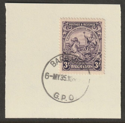 Barbados 1925 KG5 Britannia 3s deep violet on piece with full strike of Madame Joseph forged postmark type 46