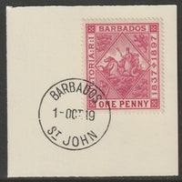 Barbados 1897 Diamond Jubilee 1d on piece with full strike of Madame Joseph forged postmark type 45