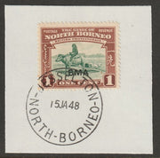 North Borneo 1945 BMA overprinted on 1c on piece with full strike of Madame Joseph forged postmark type 311