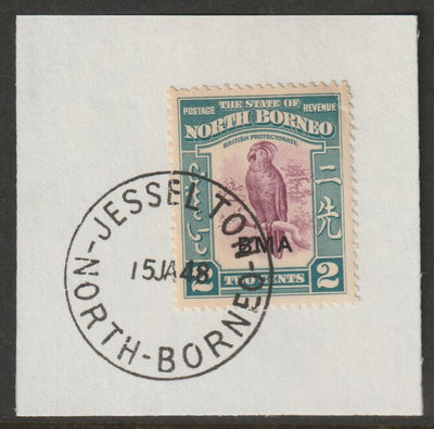 North Borneo 1945 BMA overprinted on 2c on piece with full strike of Madame Joseph forged postmark type 311