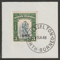 North Borneo 1945 BMA overprinted on 3c on piece with full strike of Madame Joseph forged postmark type 311